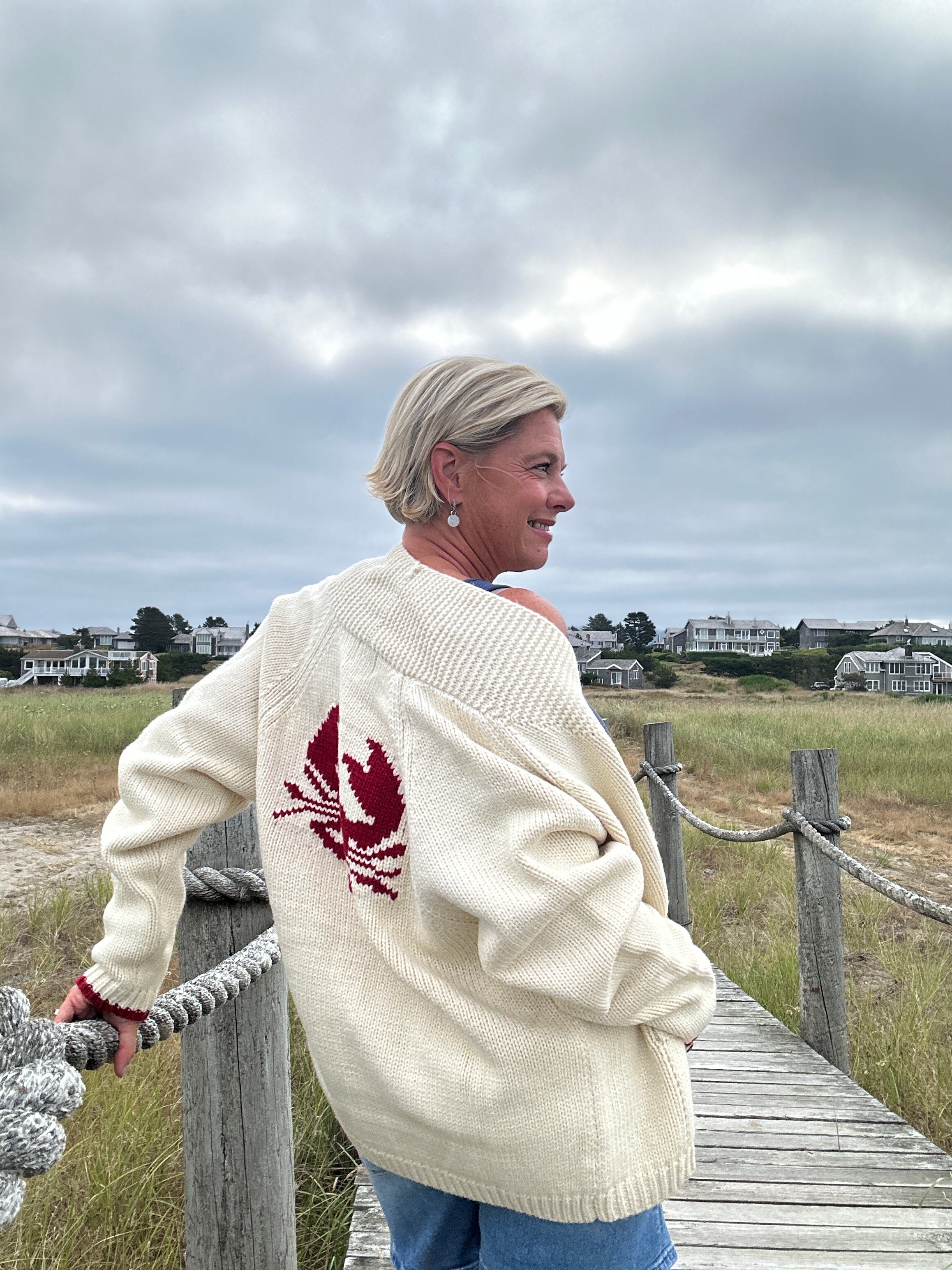 Cozy Crab Cardigan cream back