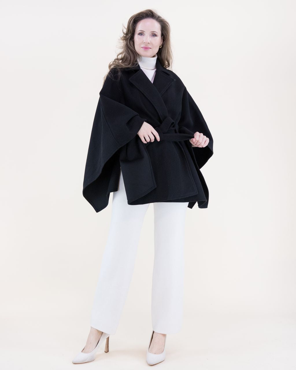 Notched Lapel Belted Tailored Cape black