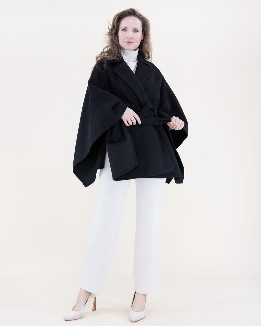 Notched Lapel Belted Tailored Cape black