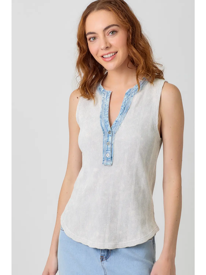 Alex Washed Sleeveless Henley Top Light Grey