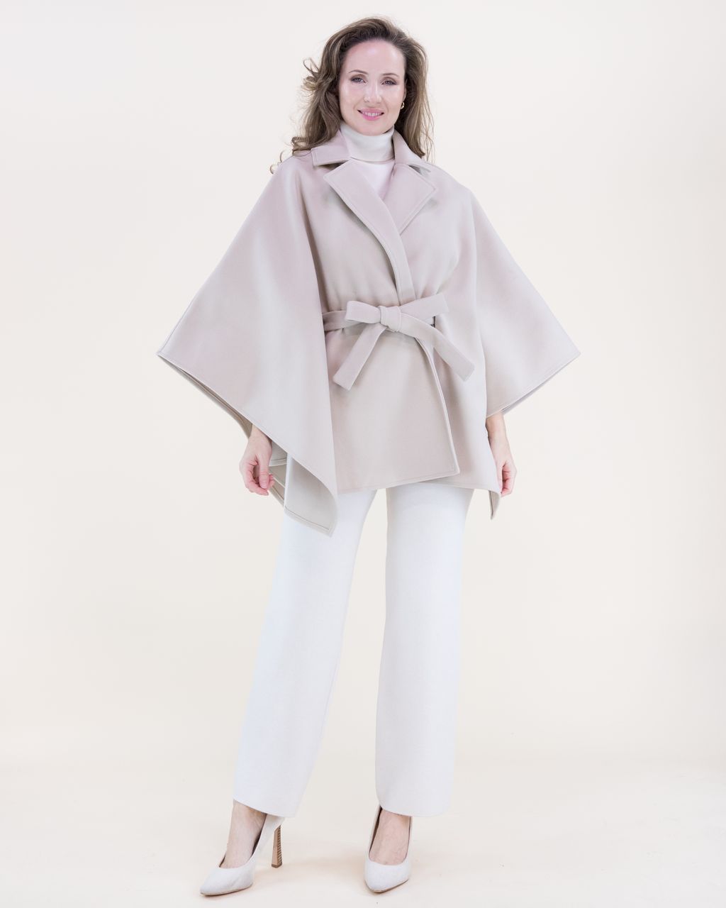 Notched Lapel Belted Tailored Cape beige