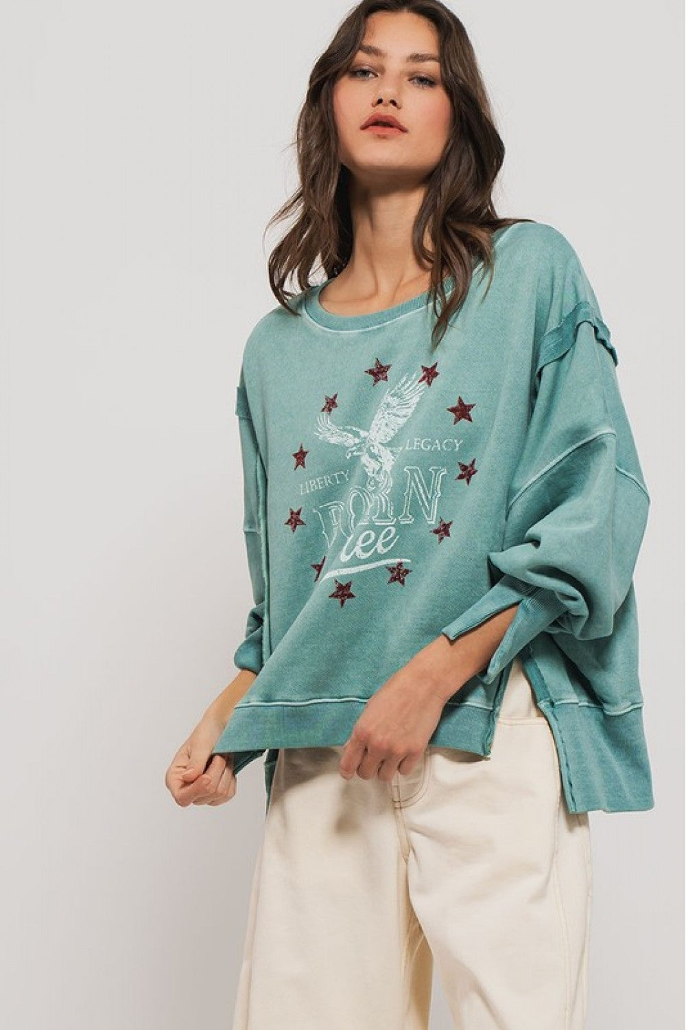 Americana born free graphic crewneck teal grey front/side
