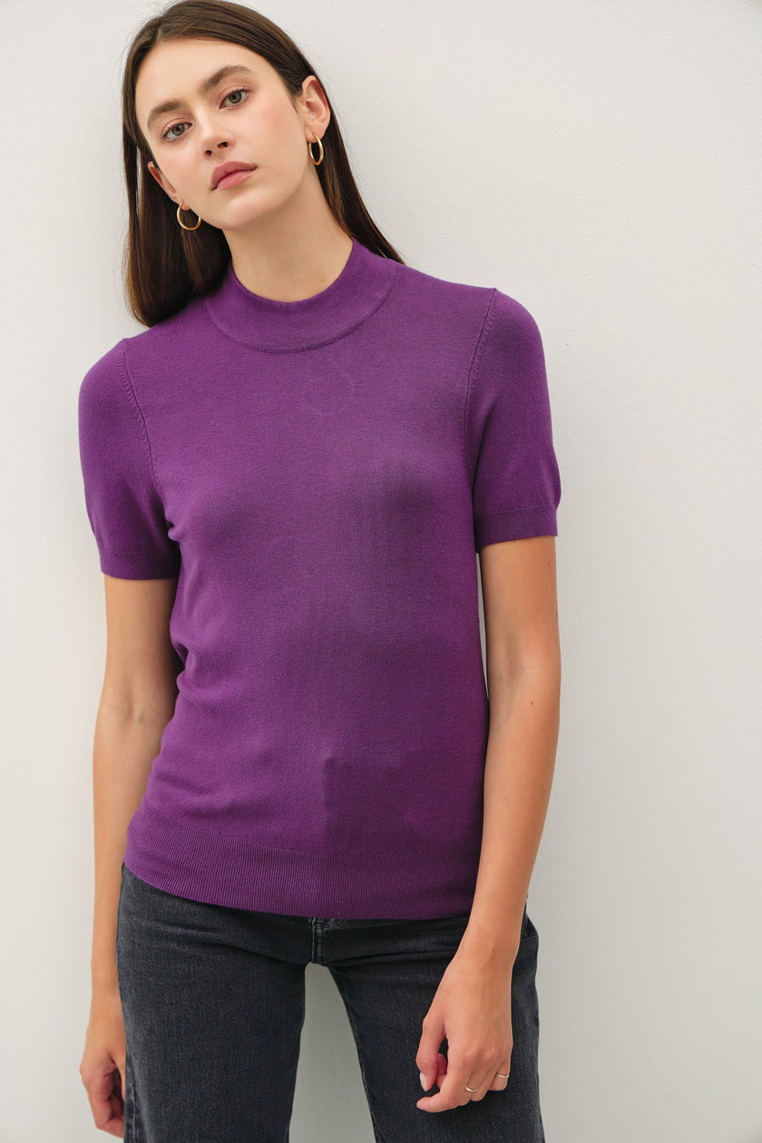Avena Short Sleeve Knit MockNeck Sweater grape