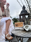 Johnny Was Domingo High Slit Linen Skirt white closeup with purse and shoe detail