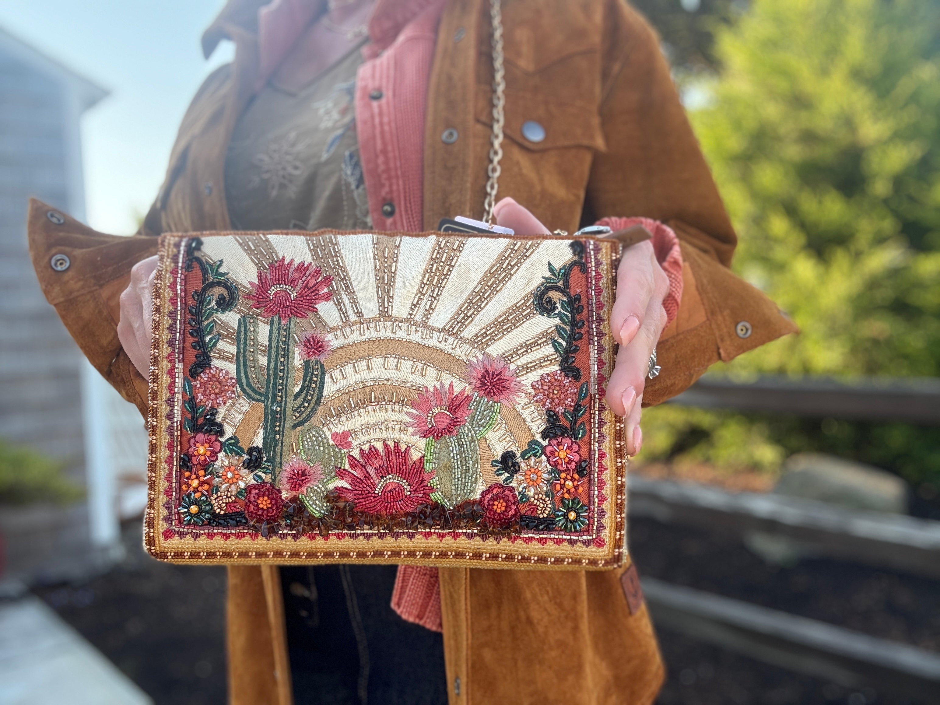 Desert Sunrise Beaded Cactus and Floral Crossbody Handbag