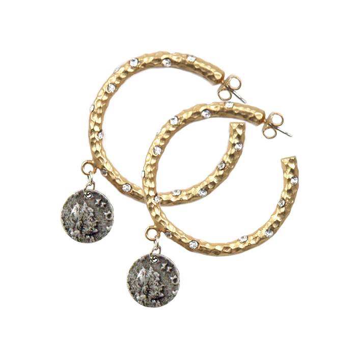 Gold Pavia Hoop With Crystals & Dangling Coin | 1.5