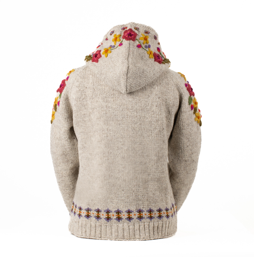 Wildflower Wool Zip Hoodie Sweater – Embroidered light natural back