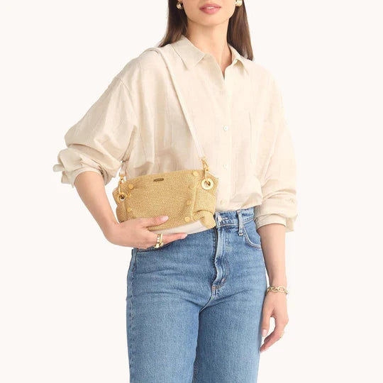 Daniel Crossbody Clutch Sml-Calla Lily White Raffia-BG styled over the shoulder