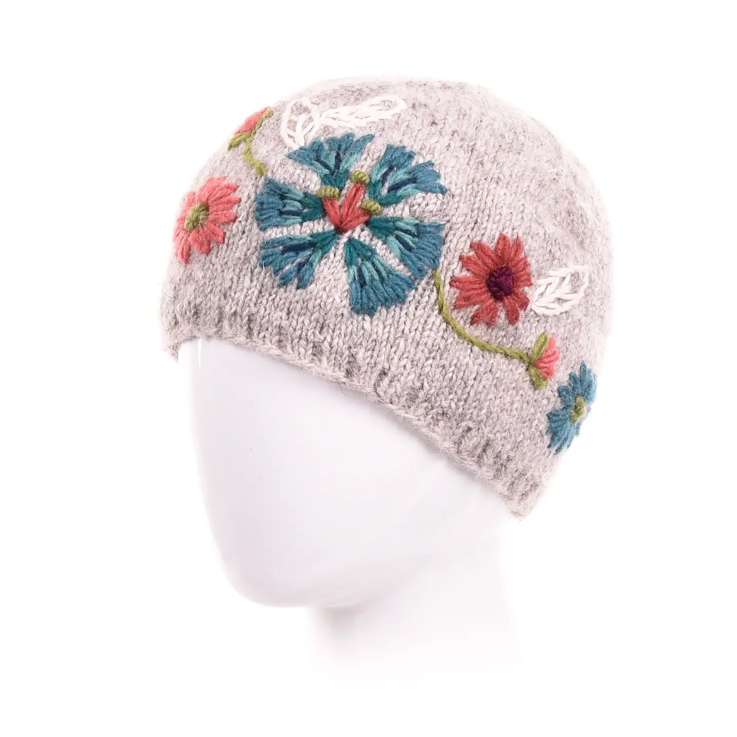 Stella Wool Beanie W EMB Flower | Light Natural