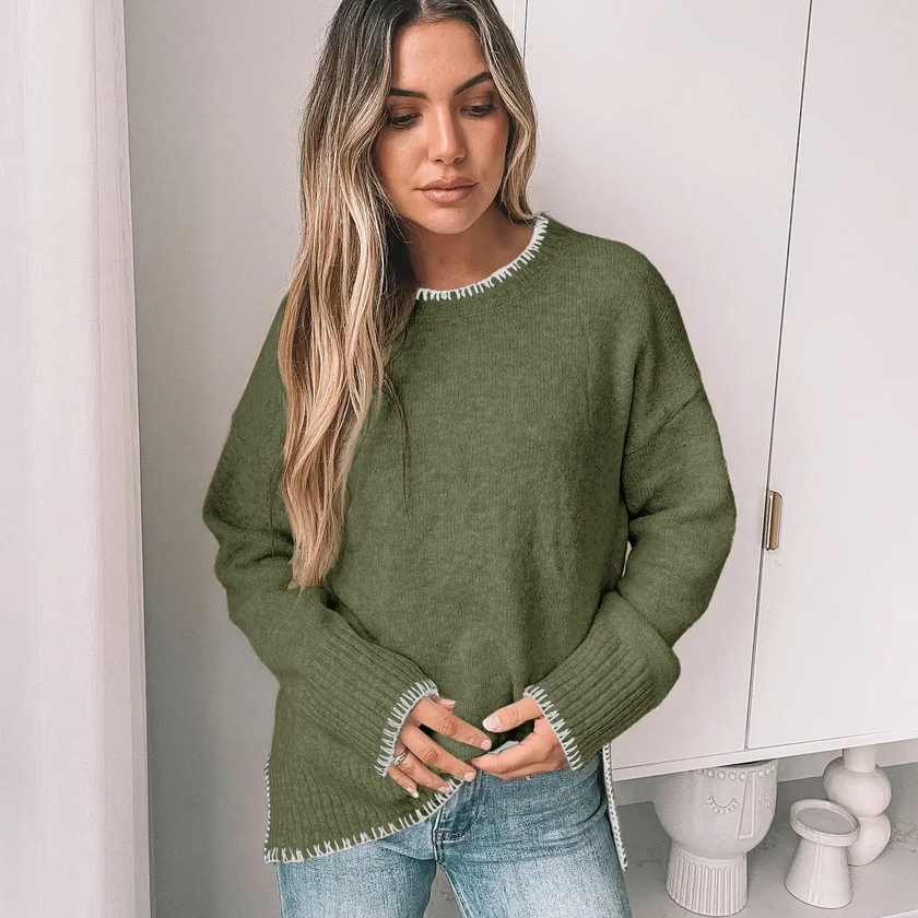 Solid Color Versatile Split-End Pullover Sweater