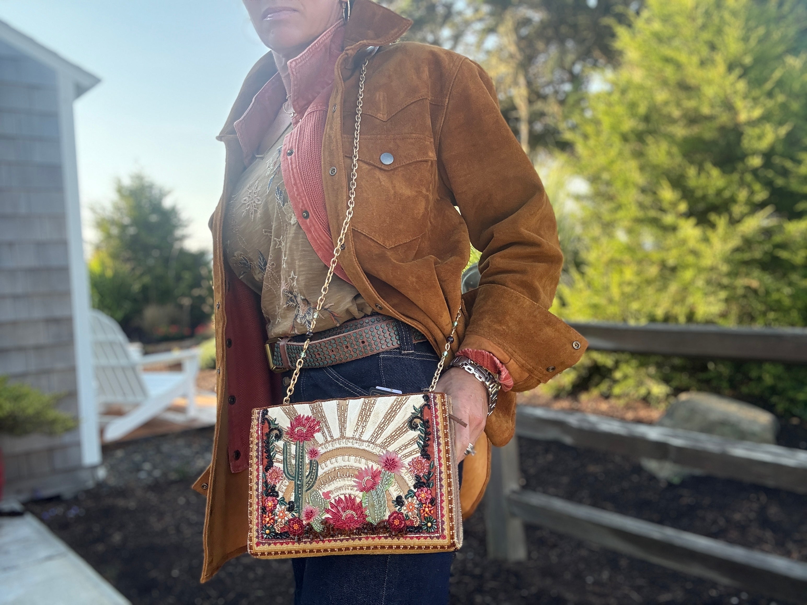 Desert Sunrise Beaded Cactus and Floral Crossbody Handbag