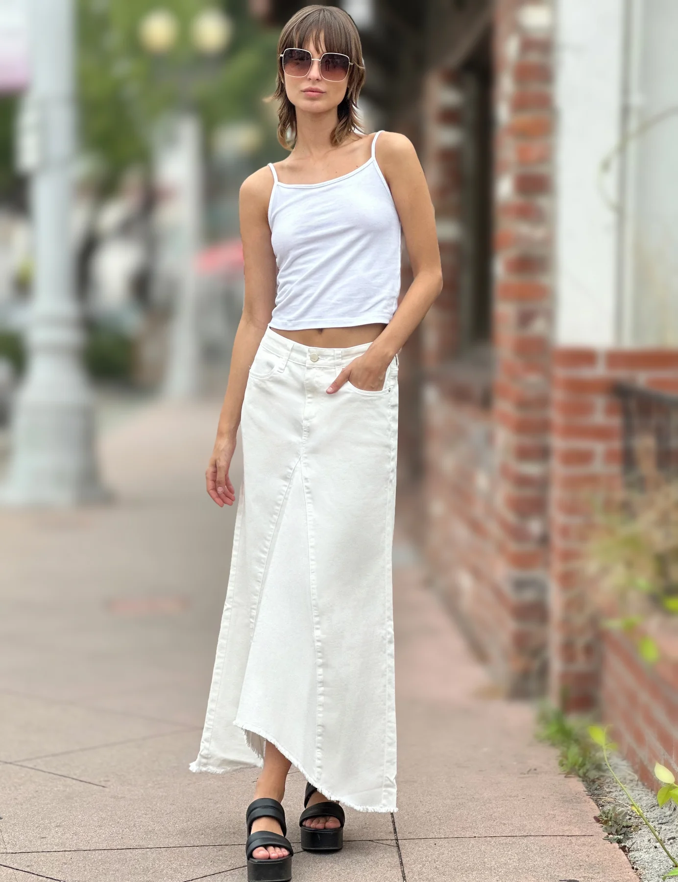 Selma Pieced Denim Maxi Skirt stone white front