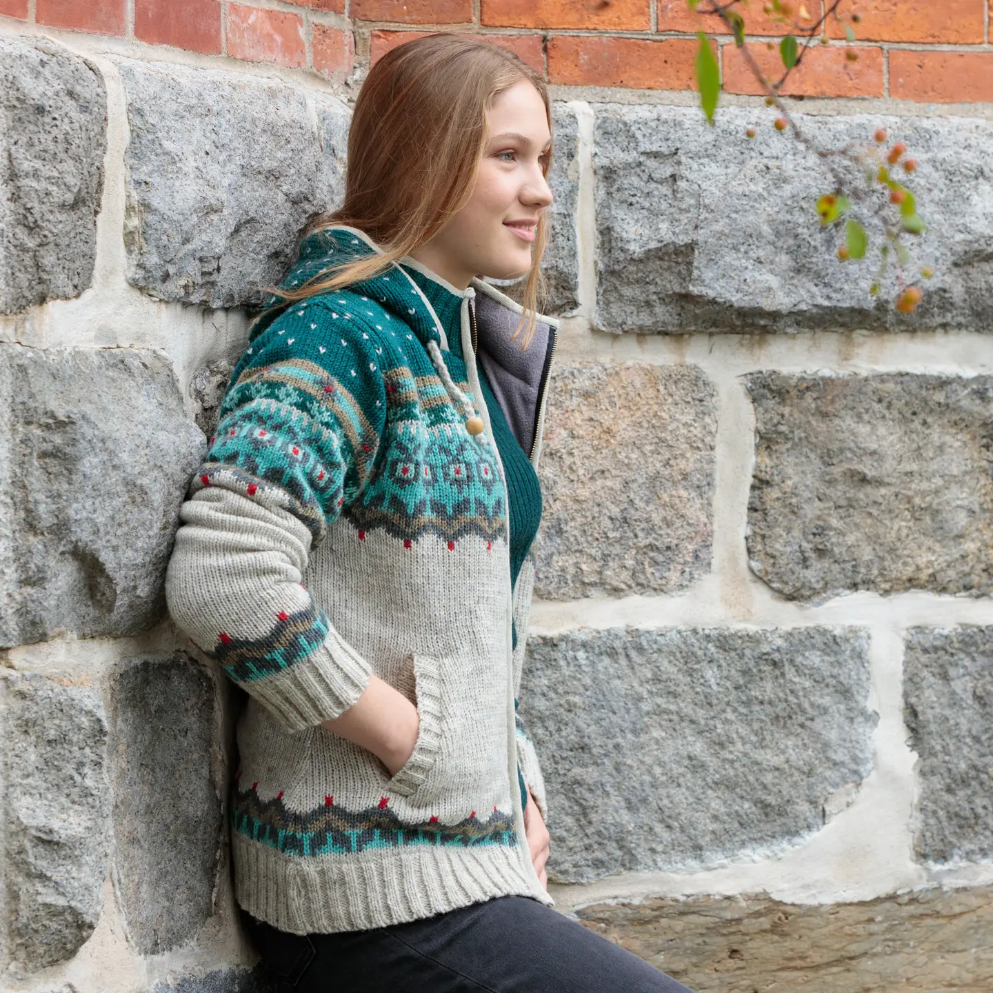 Borealis Womens Wool fair Isle Sweater Coat styled