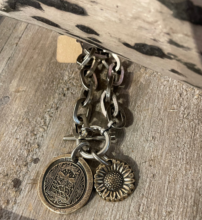 Paula Carvalho's Bee Bracelet Silver Chain With Gold Coin & Gold Sunflower