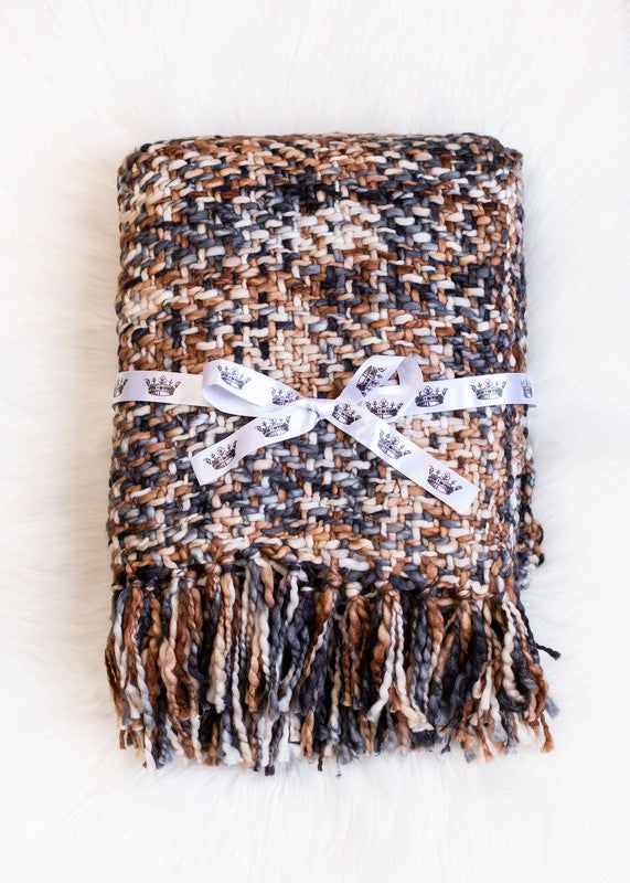 London Loom Woven Knit Blanket - Grey/ Rust/ Cream