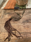 Paula Carvalho Labradorite Stone Leather Tassel Necklace front