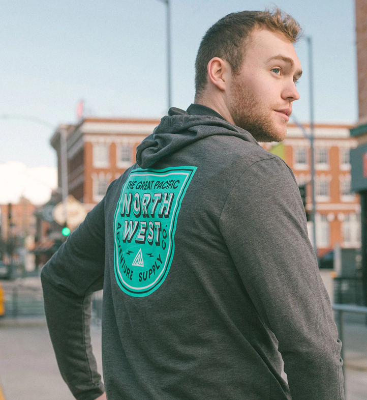 The Great PNW Buhner Hoodie - Heather Black model back
