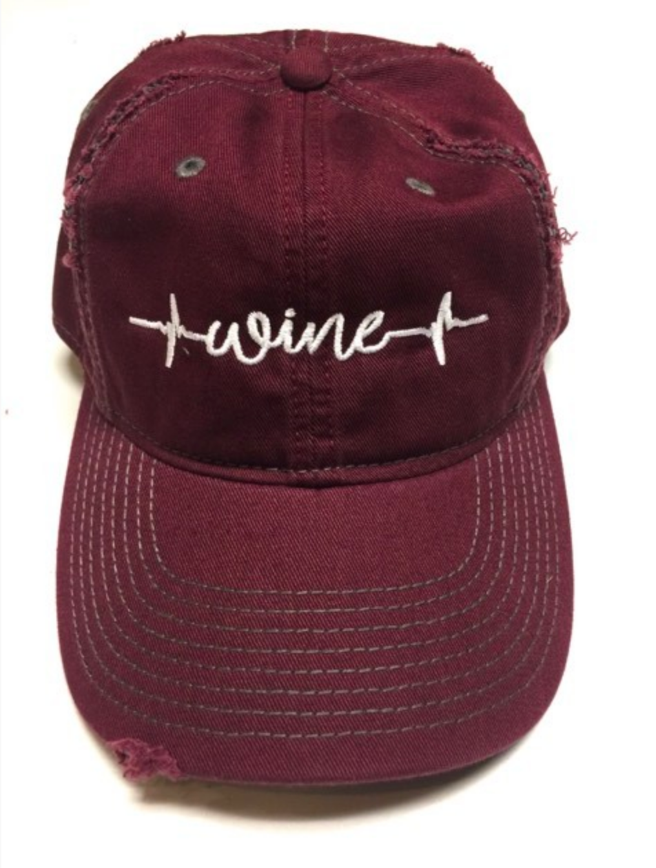 Wine Heartbeat Distressed Baseball Cap- Maroon