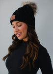 Black Cable Knit Pom Hat / Whiskey weather Patch | Black profile