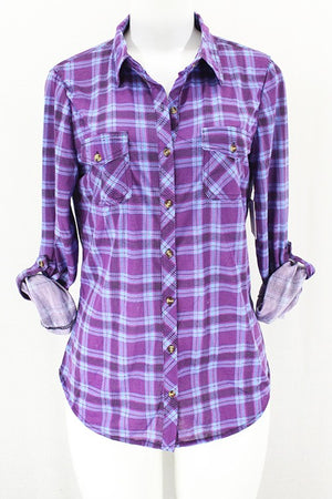 Yenisa Rolled Sleeve Flannel Plaid Shirt | Purple