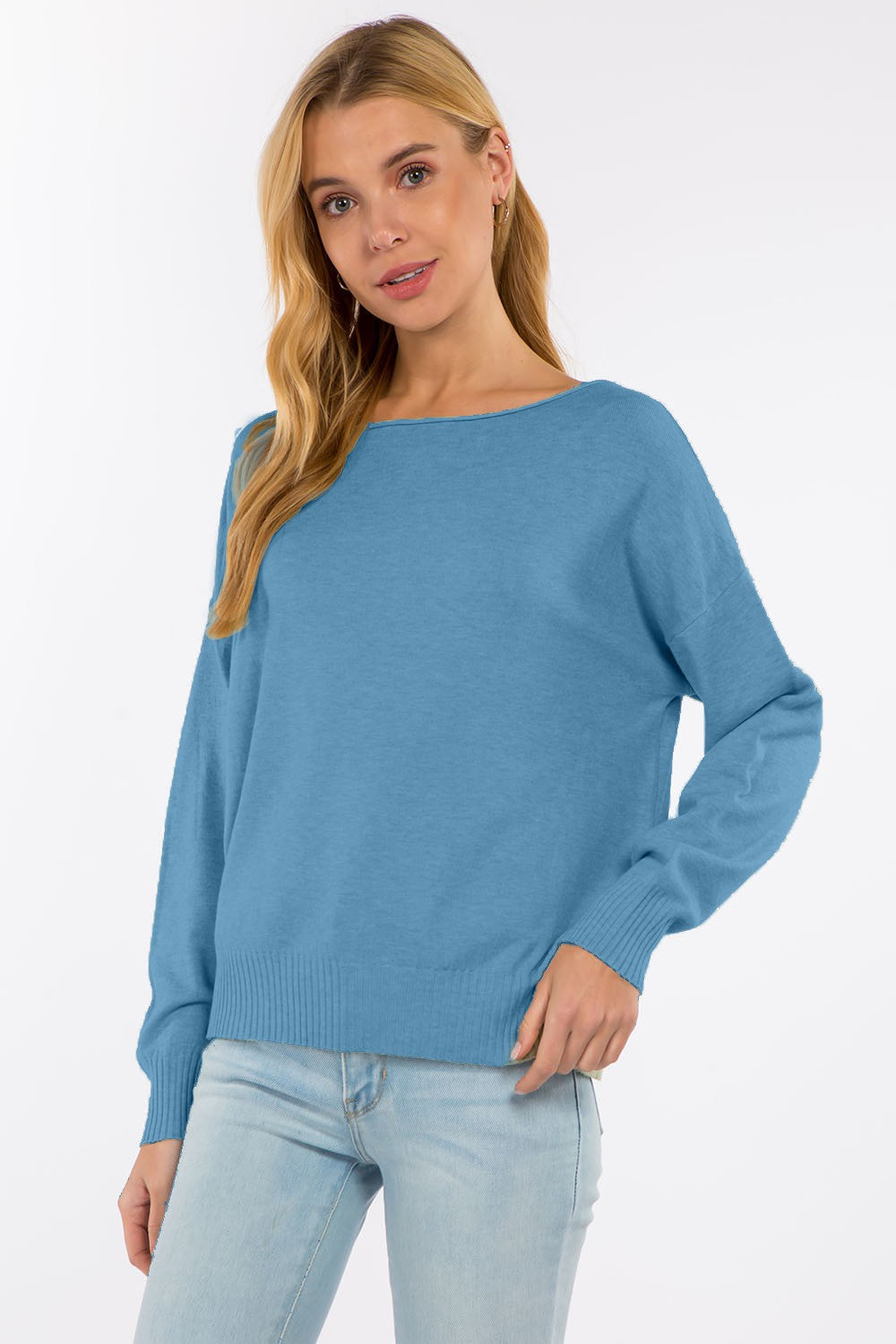 Mandy Boat Neck Pullover Sweater -  Heather Denim