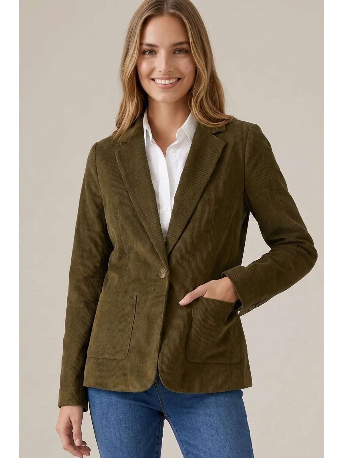 Mindy Cord Patch Pocket Blazer, olive-front