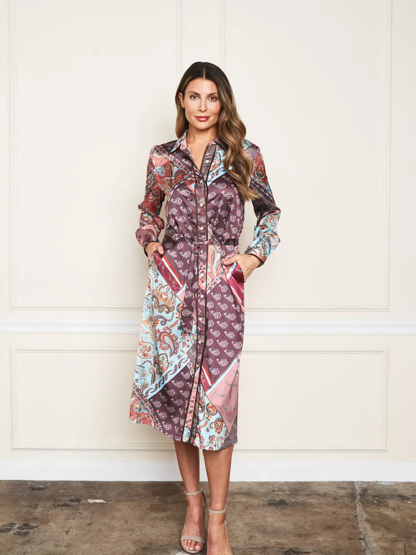 Patchwork Satin Print Shirt Dress
