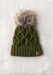 Green Diamond Cable Knit Pom Hat