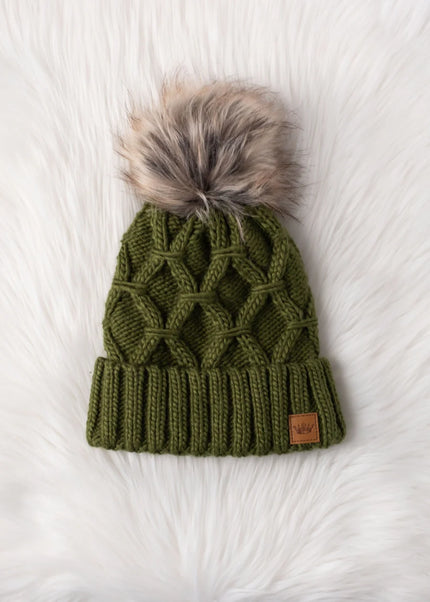 Green Diamond Cable Knit Pom Hat