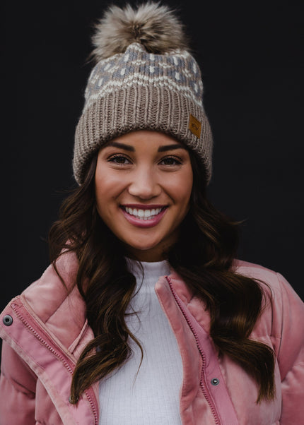 Tap Beige & Grey Patterned Pom Hat | Taupe