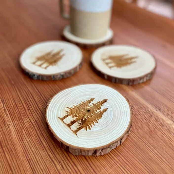 Engraved Wood Coasters | Pine Tree display