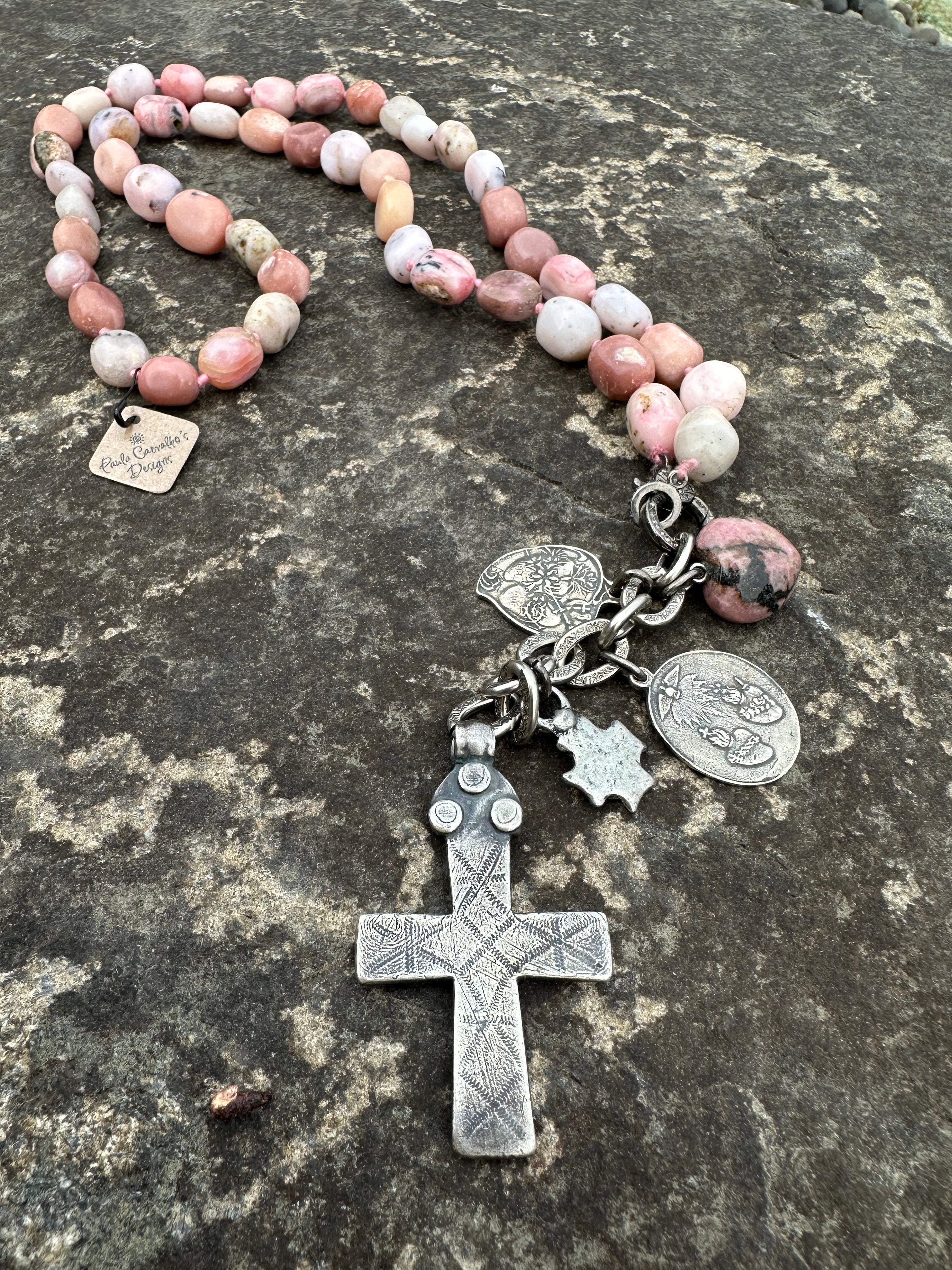 Paula Carvahlo Pink Opal & Diamonds Cross Charm Necklace
