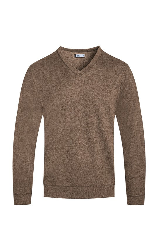 Men's Solid Color V-Neck Pullover - Brown