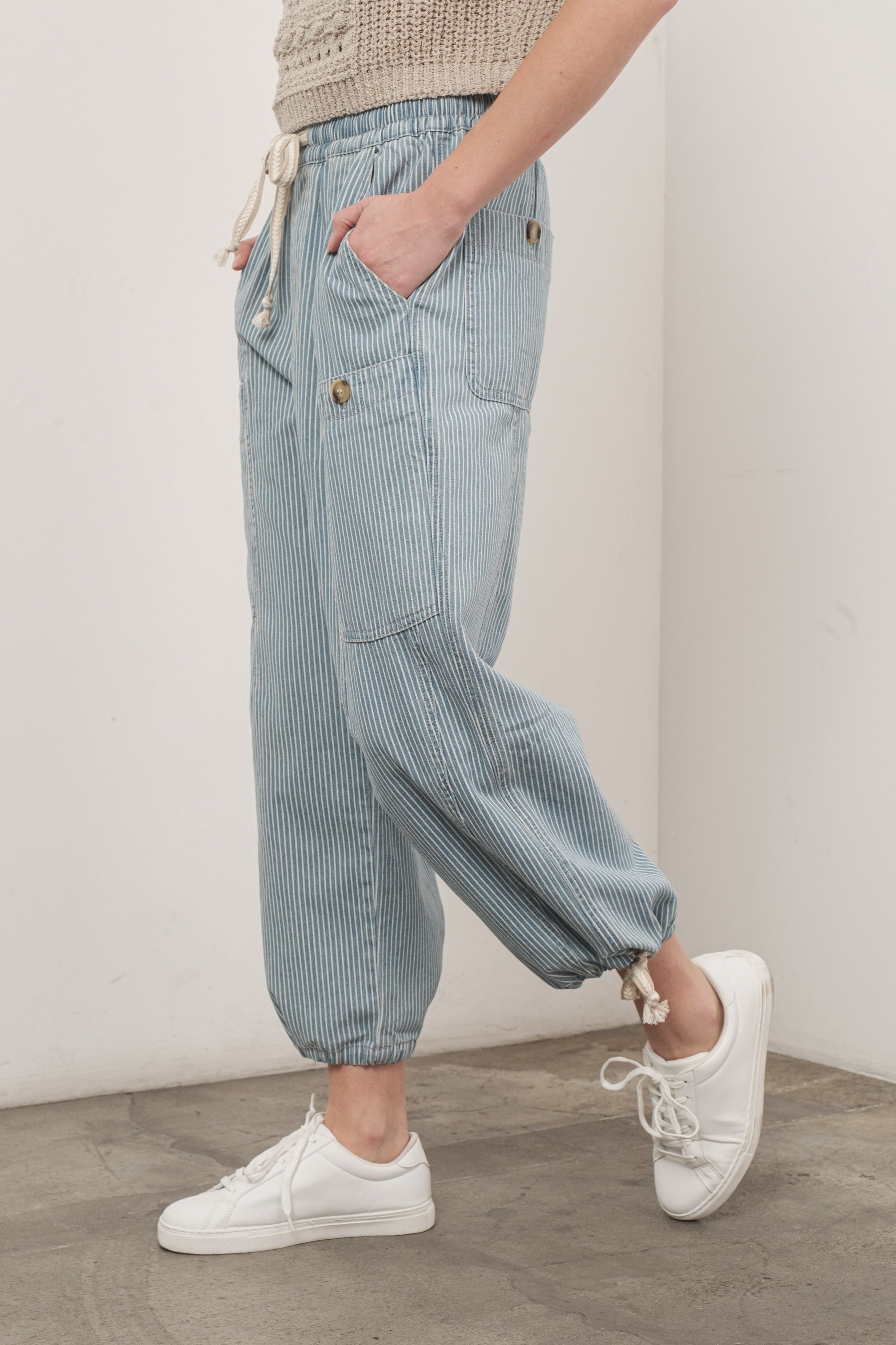 Lily Cargo Button Pants denim stripe profile