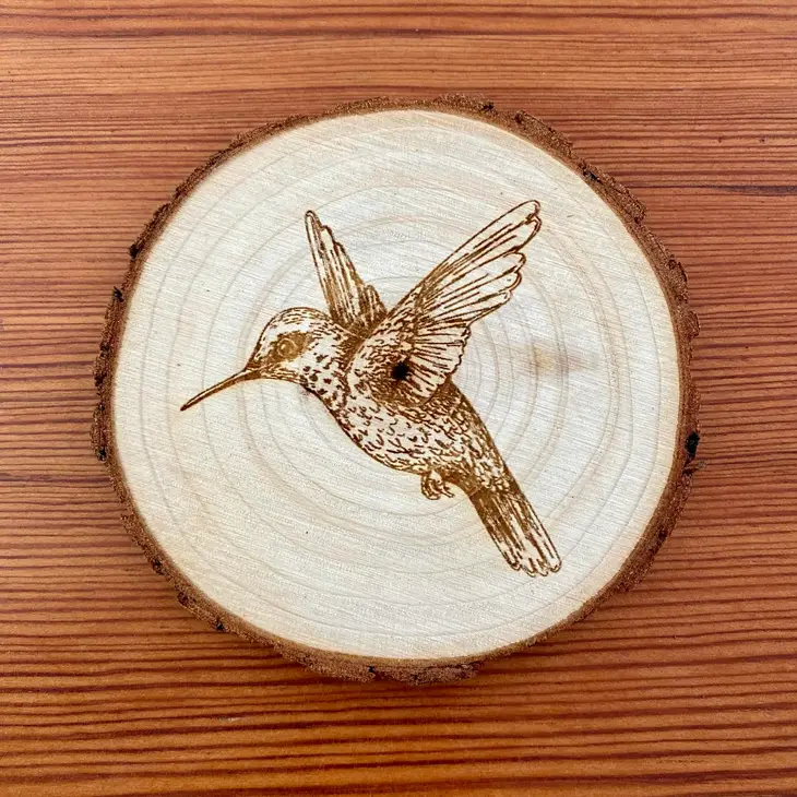 Engraved Wood Coasters | Hummingbird detail