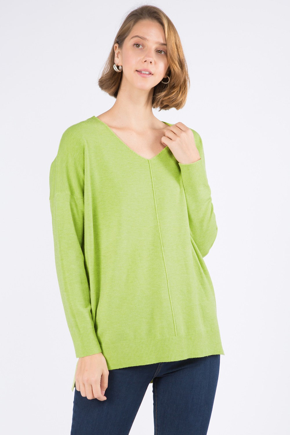 Christi Front Seam Sweater ~ heather matcha green