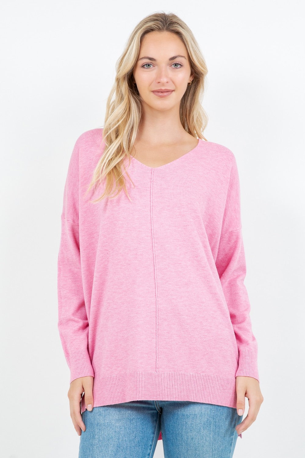 Christi Front Seam Sweater ~ heather bubble gum