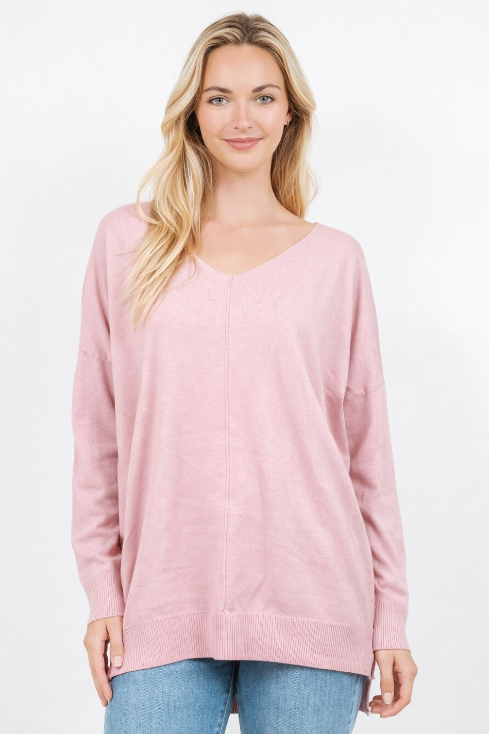 Christi Front Seam Sweater ~ heather pink quartz