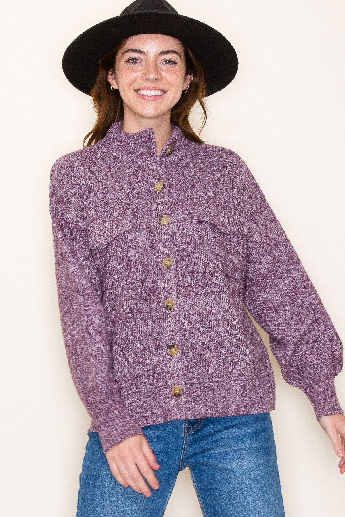 Kim Textured Chest Pocket Sweater cardigan | Two Tone Purple buttoned