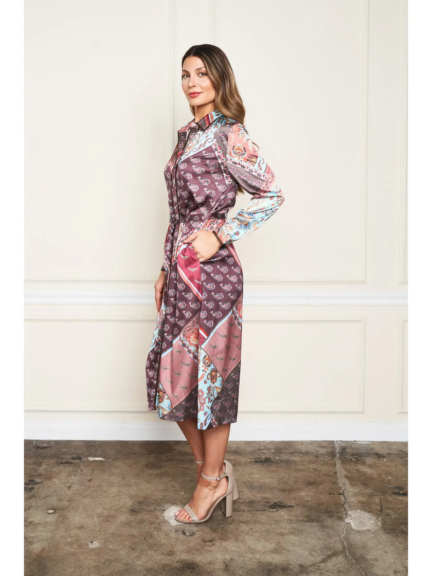 Patchwork Satin Print Shirt Dress