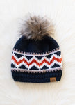 Dark Navy, Red & White Patterned Pom Hat