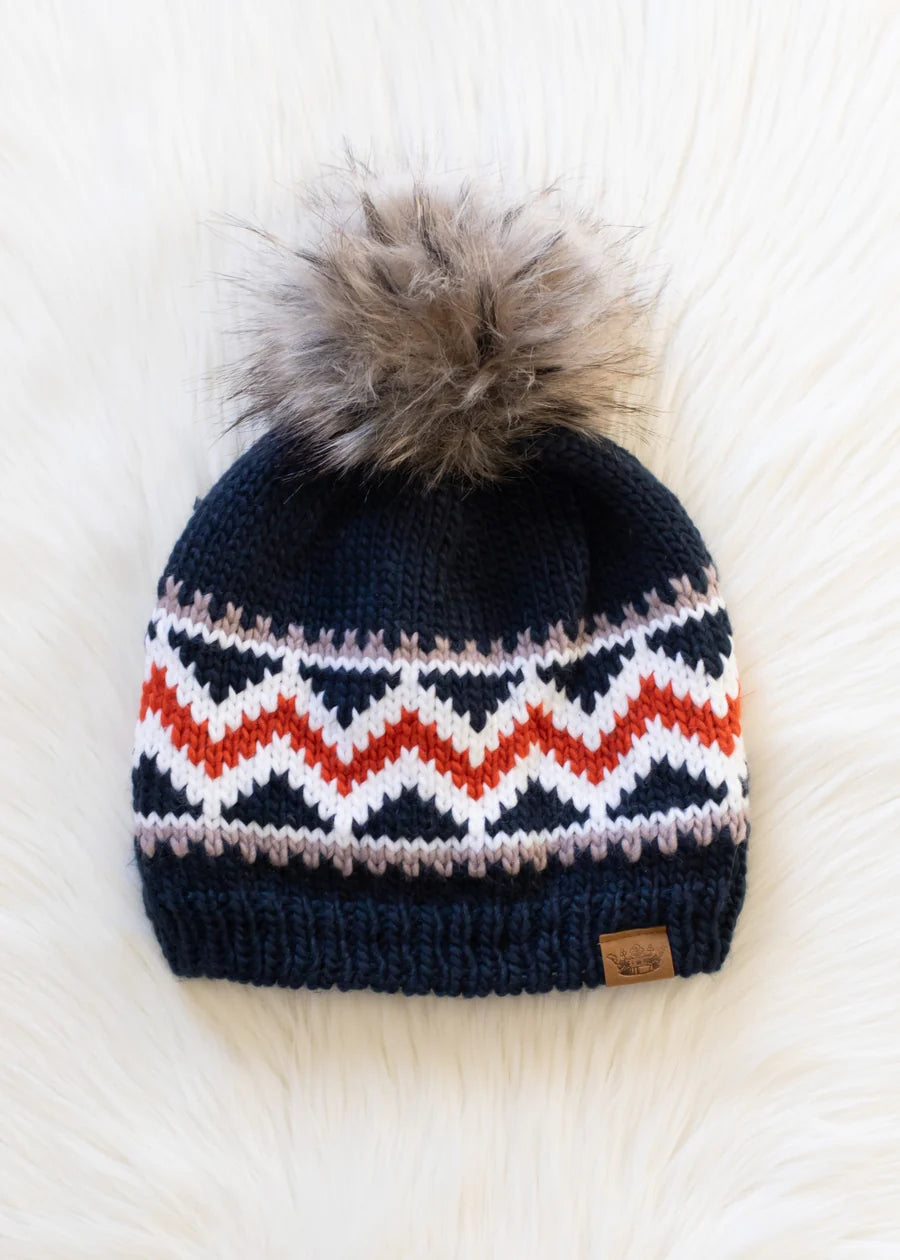 Dark Navy, Red & White Patterned Pom Hat