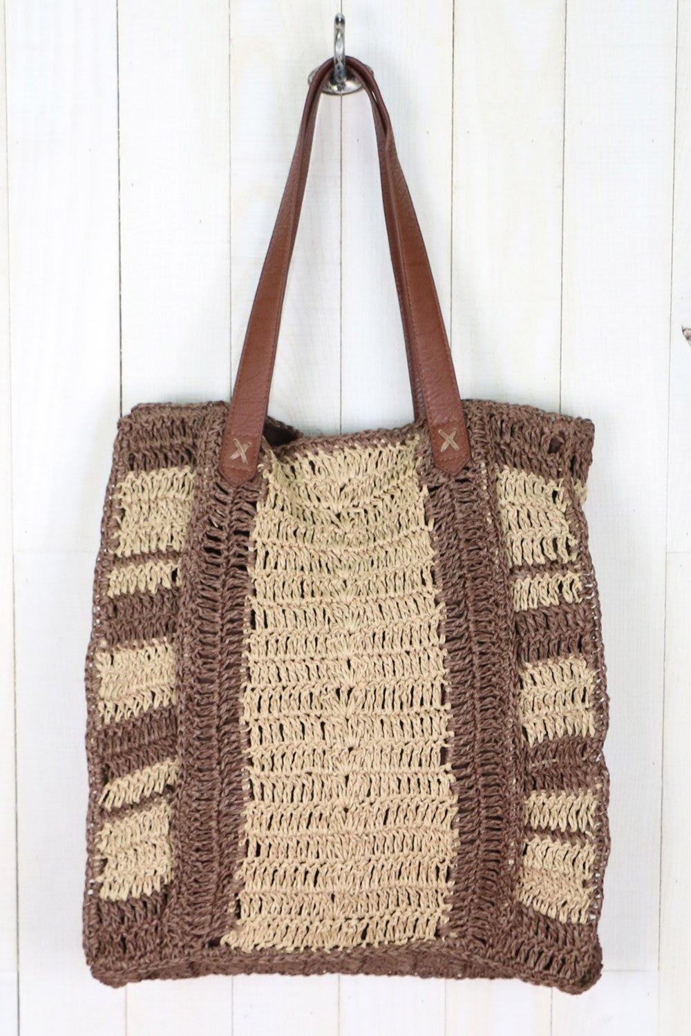 Hand Woven Crochet Tote Bag | Teak Saddle Vintage
