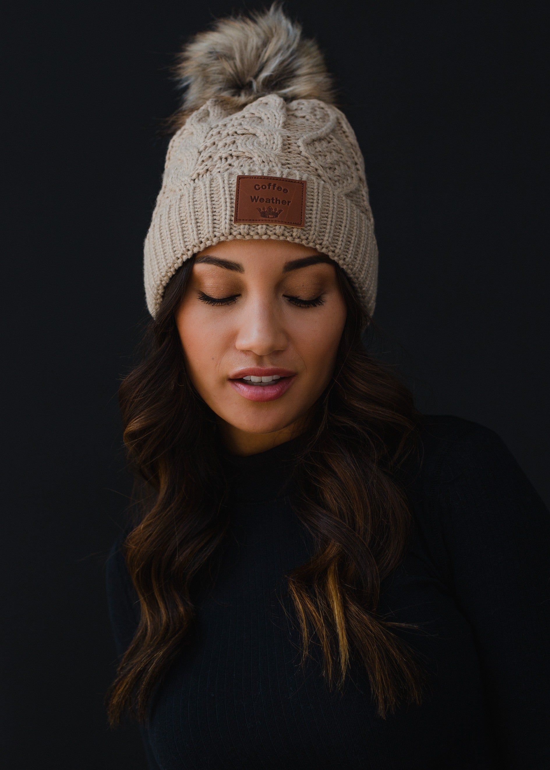 Tan Cable Knit Pom Hat W Coffee Weather Patch