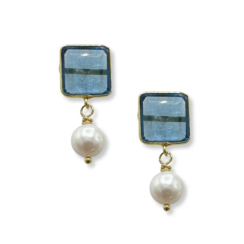370-Blue-G Blue Crystal with Pearl Earring