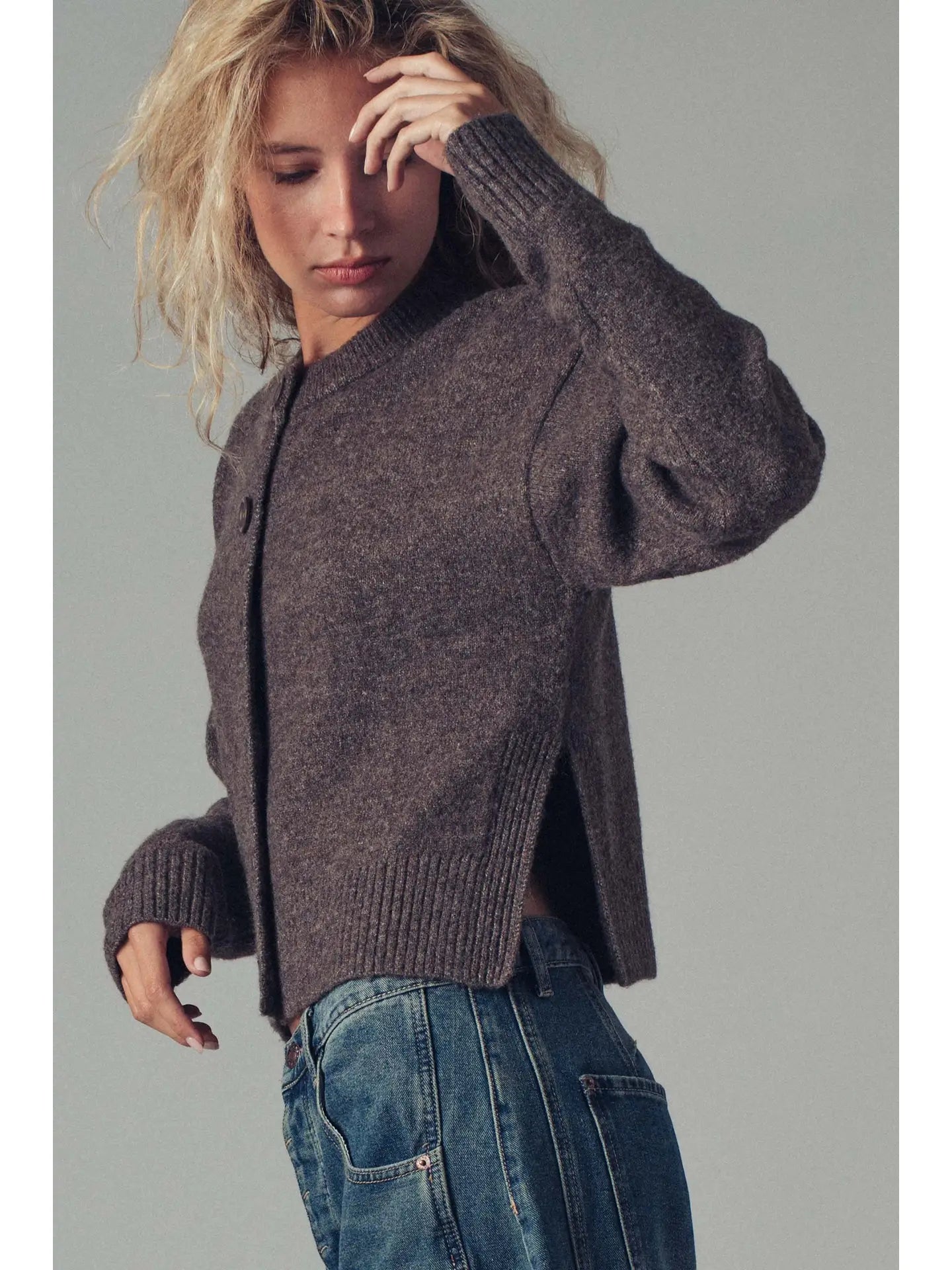 Cozy Button-Up Sweater Cardigan W Side Slits