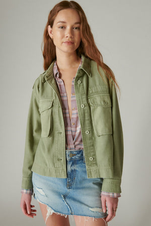 Lucky Brand Patchwork Camo Cropped Jacket in Gray