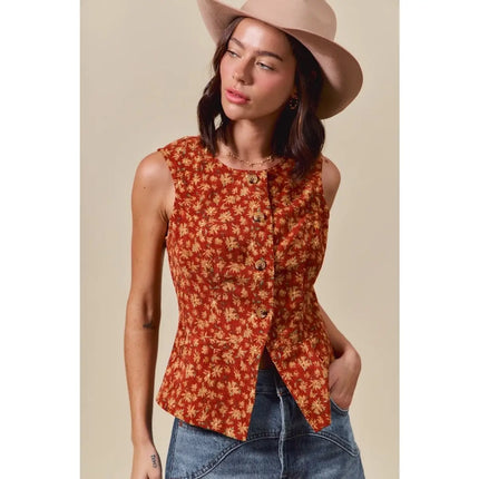 Slim Fit Button Front Floral Corduroy Vest
