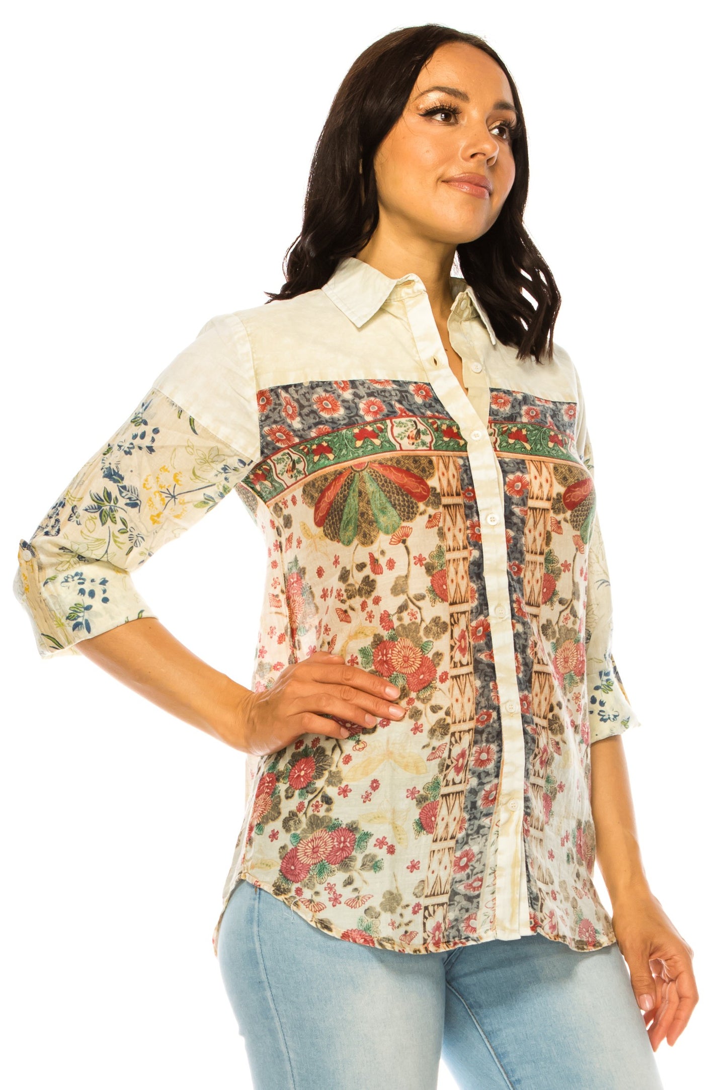 Mindy Floral Mixed Print Shirt W Vintage Wash | Taupe profile