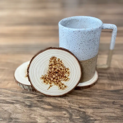 Engraved Wood Coasters | Lilac Flower display